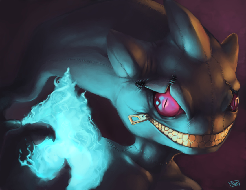 banette blue_fire evil evil_smile face fire flame ghost highres looking_at_viewer no_humans pink_eyes pokemon pokemon_(creature) purple_background rajewel realistic slit_pupils smile