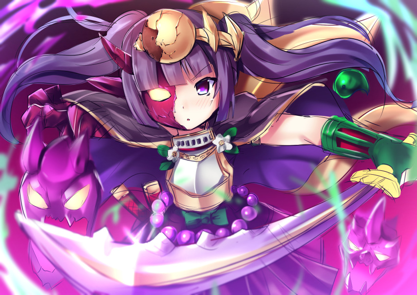 armor cape circlet highres horn japanese_clothes katana magatama mask purple_hair puzzle_&amp;_dragons samoore solo sword twintails violet_eyes weapon yomi_(p&amp;d)