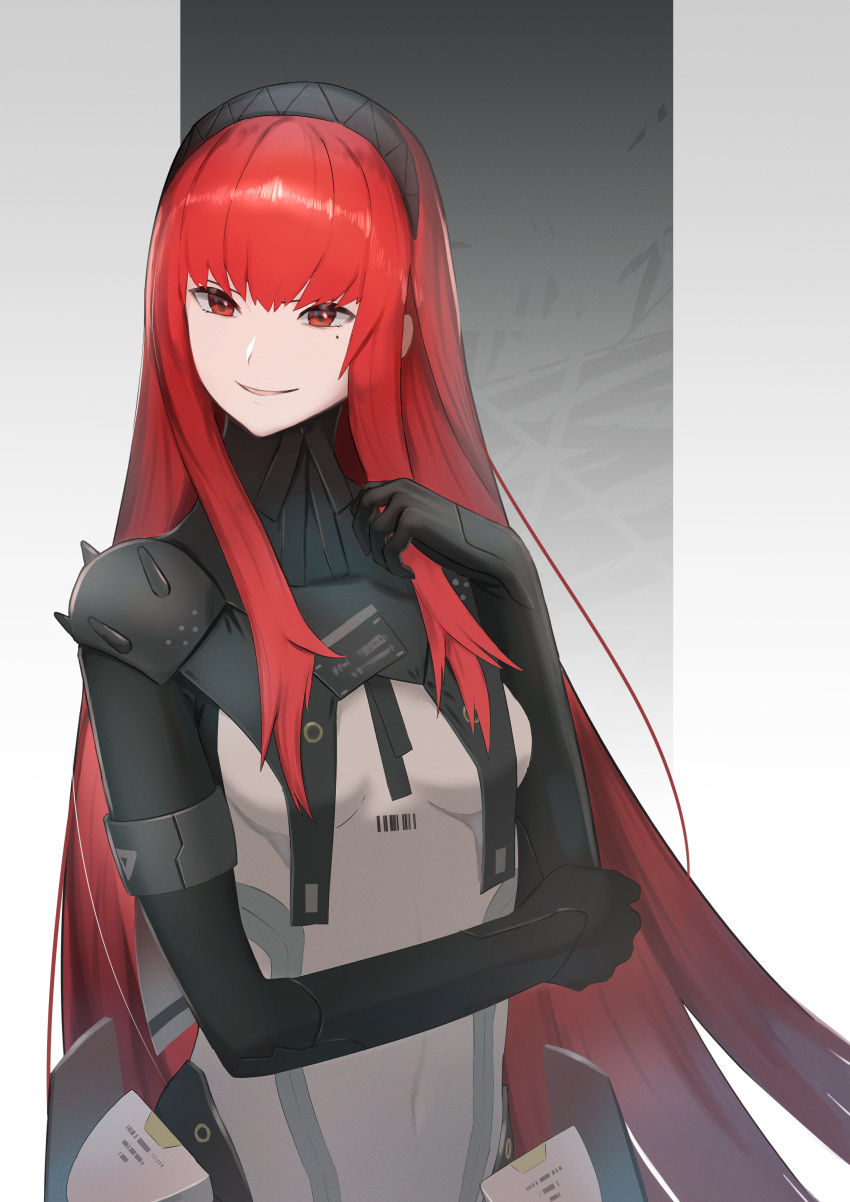 1girl absurdres barcode bodysuit breasts covered_navel grin hairband highres long_hair looking_to_the_side medium_breasts mole mole_under_eye punishing:_gray_raven red_eyes redhead sidelocks simple_background smile so_ki_chi solo upper_body vera_(punishing:_gray_raven)