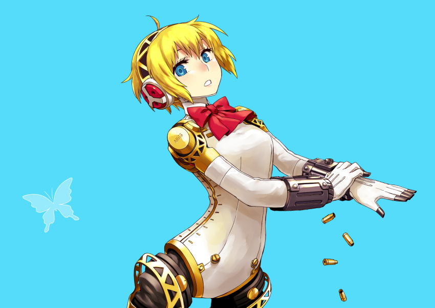 aegis android blonde_hair blue_eyes bow butterfly chan_co headphones looking_at_viewer parted_lips persona persona_3 robot robot_joints shell_casing short_hair simple_background solo