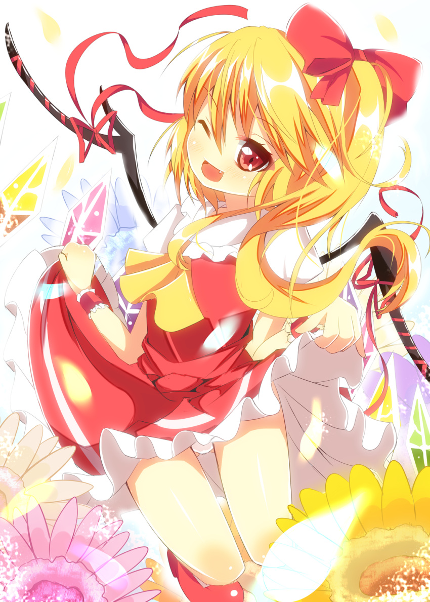 ascot blonde_hair blush bow dress dress_lift fang flandre_scarlet flower hair_bow highres long_hair no_hat no_headwear open_mouth petals red_dress red_eyes ribbon side_ponytail solo touhou vampire wings wink yuimari