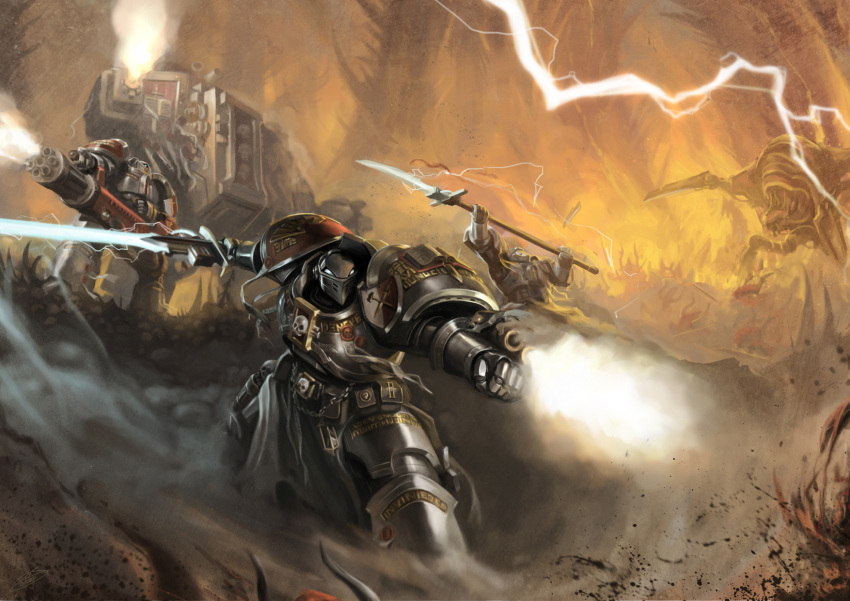 armor battle dreadnought epic grey_knight gun highres lightning manly minigun monster okita polearm skull warhammer_40k weapon