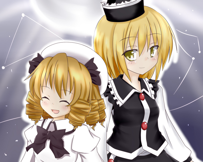 beam blonde_hair bow buttons closed_eyes constellation dress drill_hair eyes_closed grey_background hachimi hair_ribbon hat light long_sleeves looking_at_another luna_child lunasa_prismriver multiple_girls night night_sky open_mouth ribbon short_hair sky smile star_(sky) touhou vest white_dress yellow_eyes