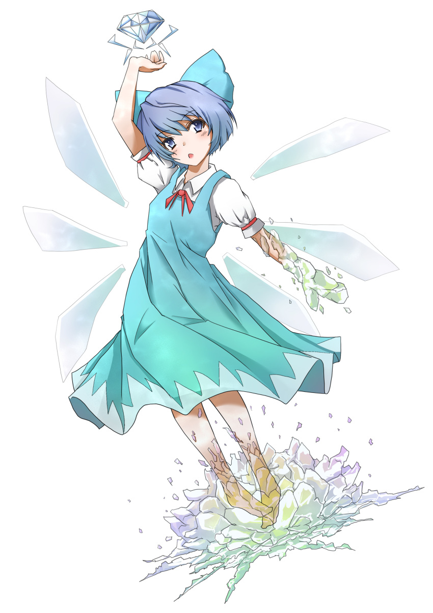 absurdres blue_eyes blue_hair blush bow cirno diamond gem hair_bow highres ice ice_wings natsume_riu open_mouth short_hair short_sleeves simple_background solo touhou wings