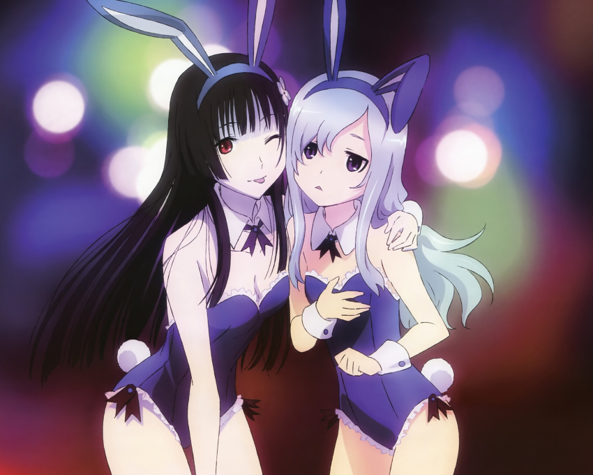 2girls animal_ears bunnygirl cleavage furuya_mero long_hair nyantype rabbit_ears sanka_rea sankarea wink