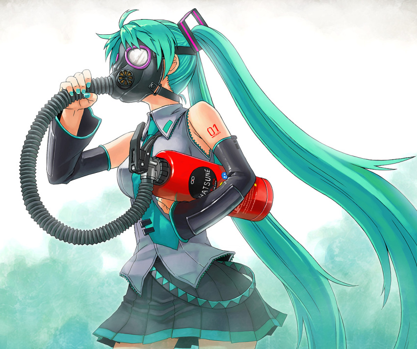 aqua_hair bare_shoulders detached_sleeves fire_extinguisher gas_mask hair_ornament hatsune_miku holding itou_(onsoku_tassha) long_hair mask nail_polish necktie pleated_skirt simple_background skirt solo strap tank_(container) tattoo tube twintails very_long_hair vocaloid