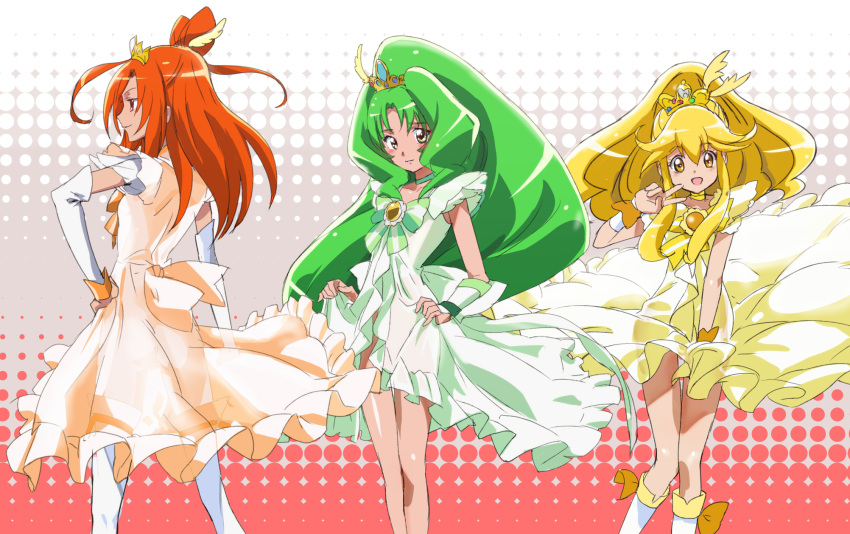 boots crown cure_march cure_peace cure_sunny detached_sleeves dress green_eyes green_hair highres hino_akane kise_yayoi makacoon midorikawa_nao ponytail precure princess_form_(smile_precure!) red_eyes red_hair redhead smile_precure! thigh_boots thighhighs transparent v yellow_eyes