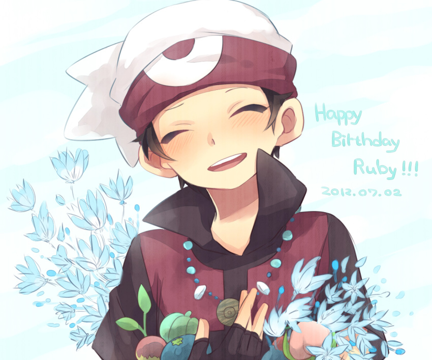 berries black_hair blush character_name child closed_eyes eyes_closed flower happy_birthday hat holding jewelry male necklace pokemon pokemon_special ruby_(pokemon) saku_anna short_hair smile solo