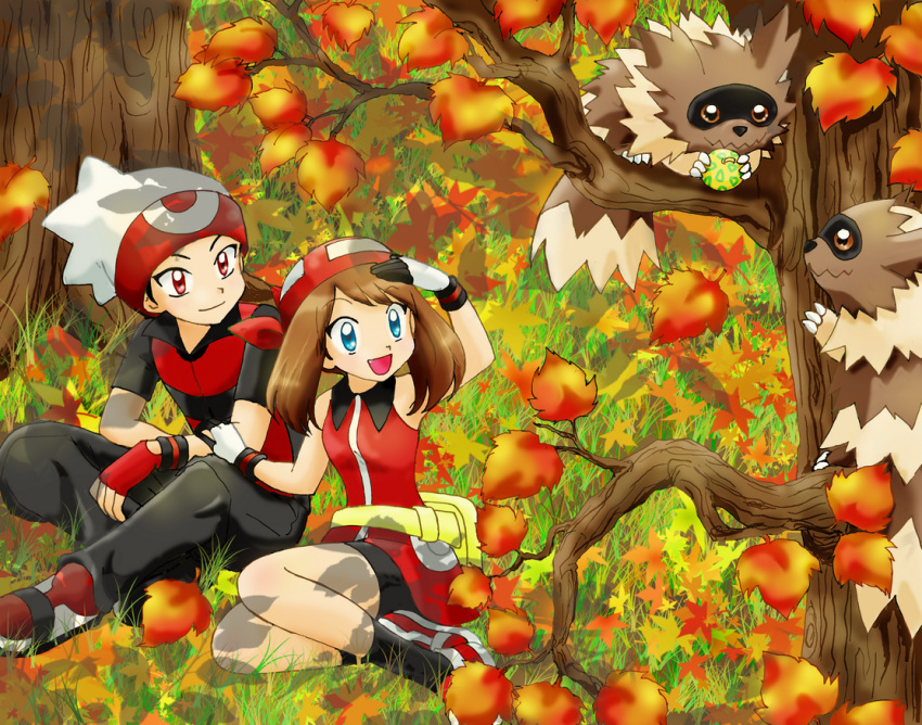 1girl :d aspear_berry autumn berries blue_eyes brown_hair chikorita85 couple creature fang grass hat leaf nature odamaki_sapphire open_mouth pokemon pokemon_special red_eyes ruby_(pokemon) sitting smile tree zigzagoon