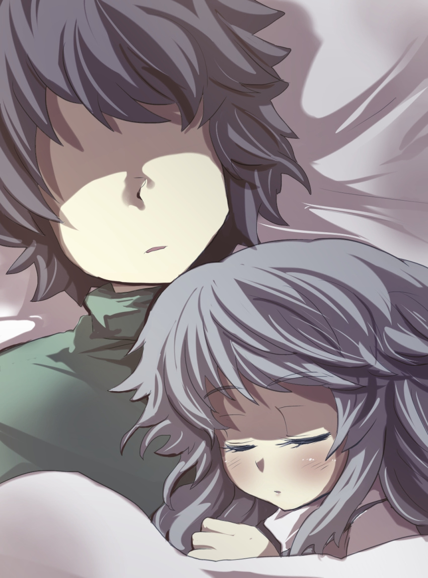 1girl black_hair blush closed_eyes commentary commentary_request eyes_closed faceless faceless_male gaoo_(frpjx283) grey_hair highres long_hair lying mononobe_no_futo on_back on_side open_mouth touhou