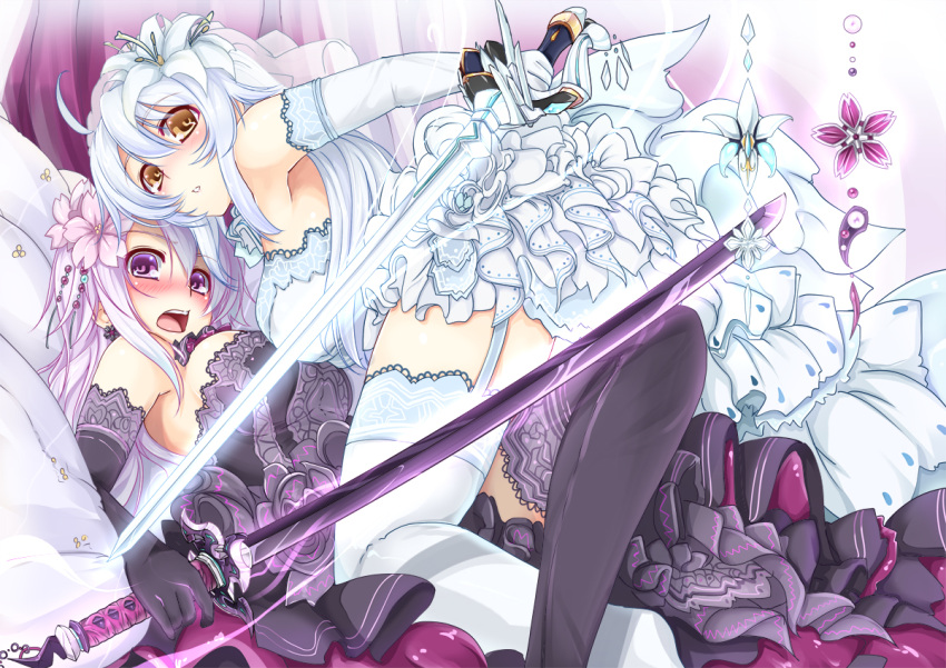 2girls ahoge bare_shoulders black_gloves black_legwear blush breasts detached_sleeves dress earrings elbow_gloves flower frills garter_strap garter_straps gloves hair_flower hair_ornament holding jewelry kikyou-0423 lavender_hair lily long_hair lying multiple_girls on_back open_mouth orange_eyes original purple_eyes purple_hair silver_hair sword thigh-highs thighhighs veil violet_eyes weapon white_gloves white_legwear white_lily yellow_eyes