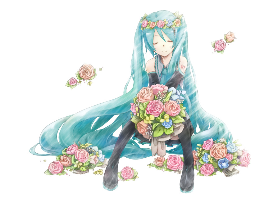 aqua_eyes aqua_hair boots bouquet cielo_(cielo_illust) closed_eyes detached_sleeves eyes_closed flower hatsune_miku head_wreath long_hair necktie rose simple_background sitting skirt solo thigh-highs thigh_boots thighhighs twintails very_long_hair vocaloid white_background