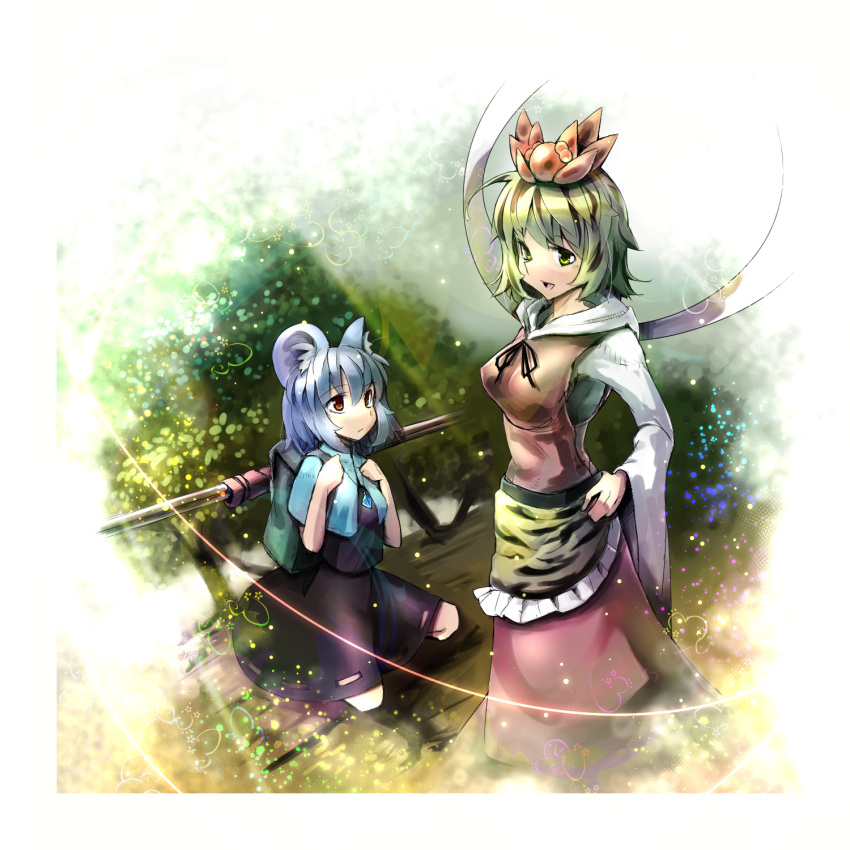 animal_ears apron backpack bag blonde_hair brown_dress brown_hair capelet dress gem grey_hair hair_ornament hand_on_hip highres hips hoodie jewelry kneeling long_sleeves mouse_ears multicolored_hair multiple_girls nazrin necklace open_mouth pendant red_eyes shawl shirt short_hair skirt skirt_set smile standing tiger_print toramaru_shou touhou tree two-tone_hair umigarasu_(kitsune1963) waist_apron wide_sleeves yellow_eyes