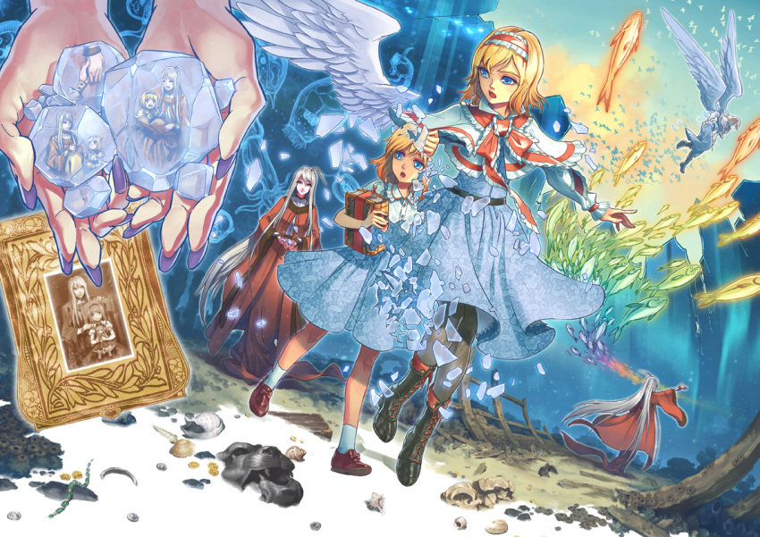 ahoge alice_margatroid alice_margatroid_(pc-98) angel_wings bird blonde_hair blue_eyes book capelet child clam coin cross-laced_footwear detached_wings fish frills gold hairband hands ice long_hair long_skirt long_sleeves mask momiji_gari multiple_girls open_mouth photo_(object) sash shells shinki short_hair short_sleeves silver_hair skirt smile touhou touhou_(pc-98) very_long_hair wide_sleeves wings