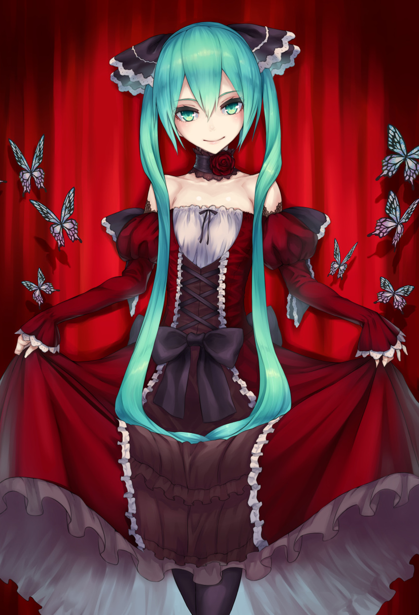 2d absurdres aqua_hair bare_shoulders black_legwear bow butterfly choker crossed_legs_(standing) dress flower green_eyes hatsune_miku highres long_hair pantyhose rose skirt_hold smile solo twintails very_long_hair vocaloid