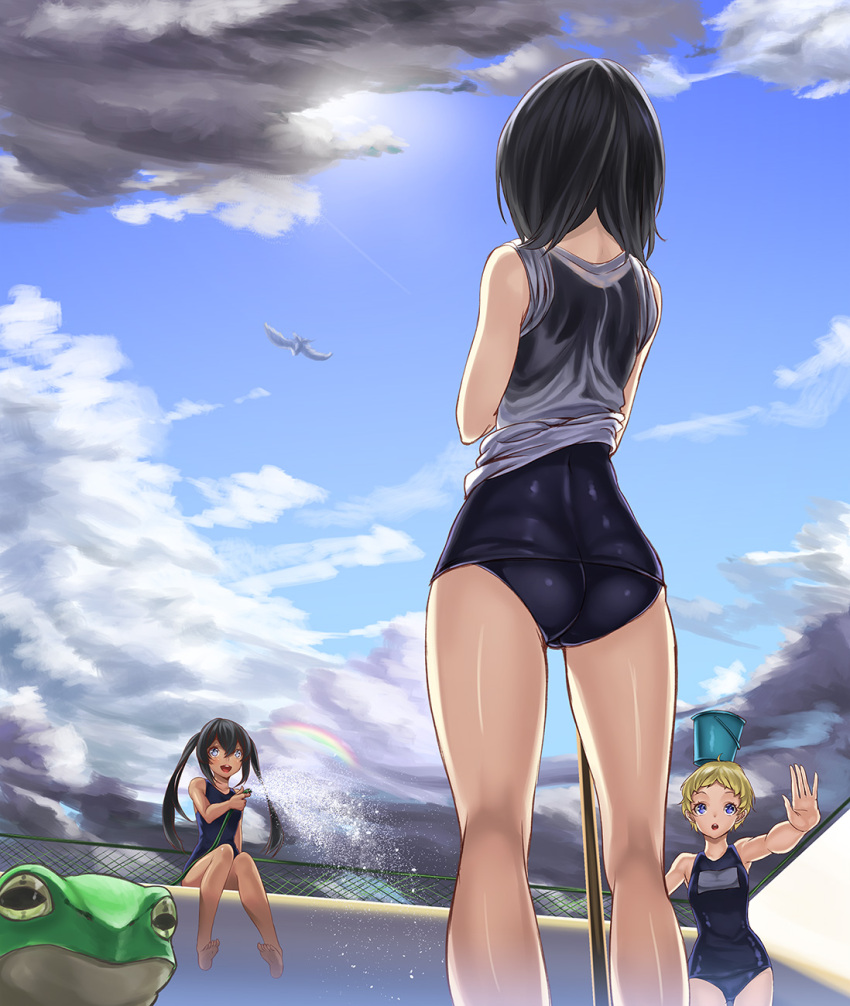 ass balancing bare_shoulders barefoot black_hair blonde_hair blue_eyes bucket bucket_on_head cloud clouds empty_pool frog from_behind highres hose kneepits kyon_(fuuran) long_hair multiple_girls object_on_head original pool rainbow school_swimsuit shirt short_hair sitting sky smile splashing swimsuit swimsuit_under_clothes tan twintails water wet wet_clothes wet_shirt yukimi_dango