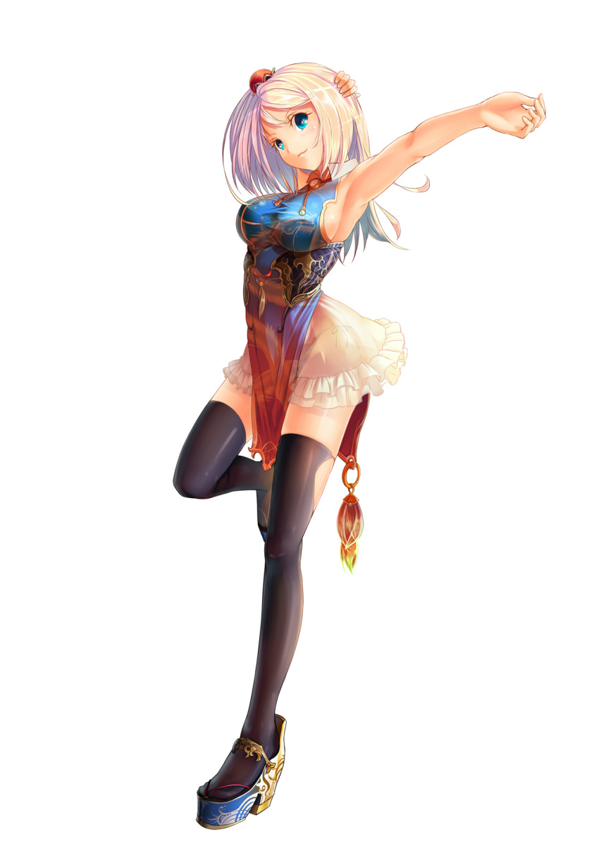 1girl armpits black_legwear blue_eyes breasts china_dress chinese_clothes hair_ornament highres large_breasts legs long_legs original outstretched_arm panties platform_footwear shiny shiny_skin side-tie_panties sideboob silver_hair simple_background skindentation smile solo soratobuiltusa taut_shirt thighhighs thighs underwear white_background