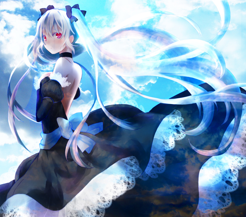 albino blue_hair bow cloud clouds dress floating_hair hair_bow hatsune_miku long_hair looking_back red_eyes sky solo twintails very_long_hair vocaloid