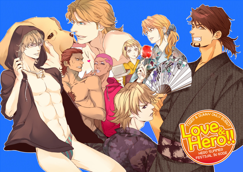 6+boys alternate_hairstyle antonio_lopez barnaby_brooks_jr bikini blonde_hair brown_hair candy_apple chest_hair dog fan folding_fan hood hoodie huang_baoling ivan_karelin japanese_clothes john_(tiger_&amp;_bunny) kaburagi_t_kotetsu karina_lyle keith_goodman kimono long_hair multiple_boys multiple_girls nathan_seymour oto69 pink_hair ponytail speedo summer swimsuit tiger_&amp;_bunny