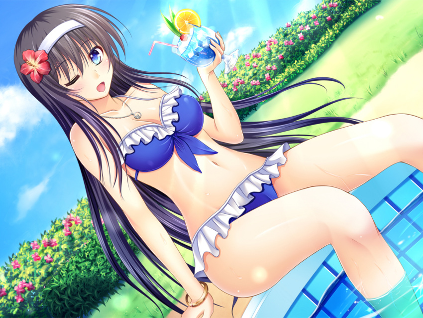 bikini black_hair blue_eyes drink feet_in_water frills hairband long_hair navel original pasdar soaking_feet swimsuit water wink