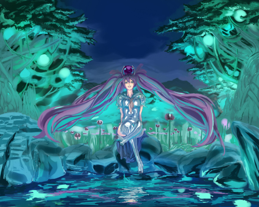 boots breasts cave_(developer) elbow_gloves ere_(2516325) gloves green_eyes highres long_hair mushihime-sama mushihime-sama_futari night night_sky purple_hair reco sky solo thigh-highs thigh_boots thighhighs twintails very_long_hair