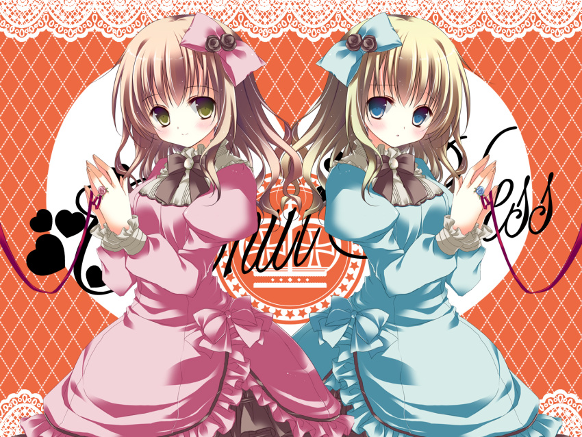 blonde_hair blue_eyes blush bow copyright_request dress flower frills green_eyes hair_bow highres jewelry multiple_girls natsuki_coco open_mouth red_string ring siblings sisters smile string twins