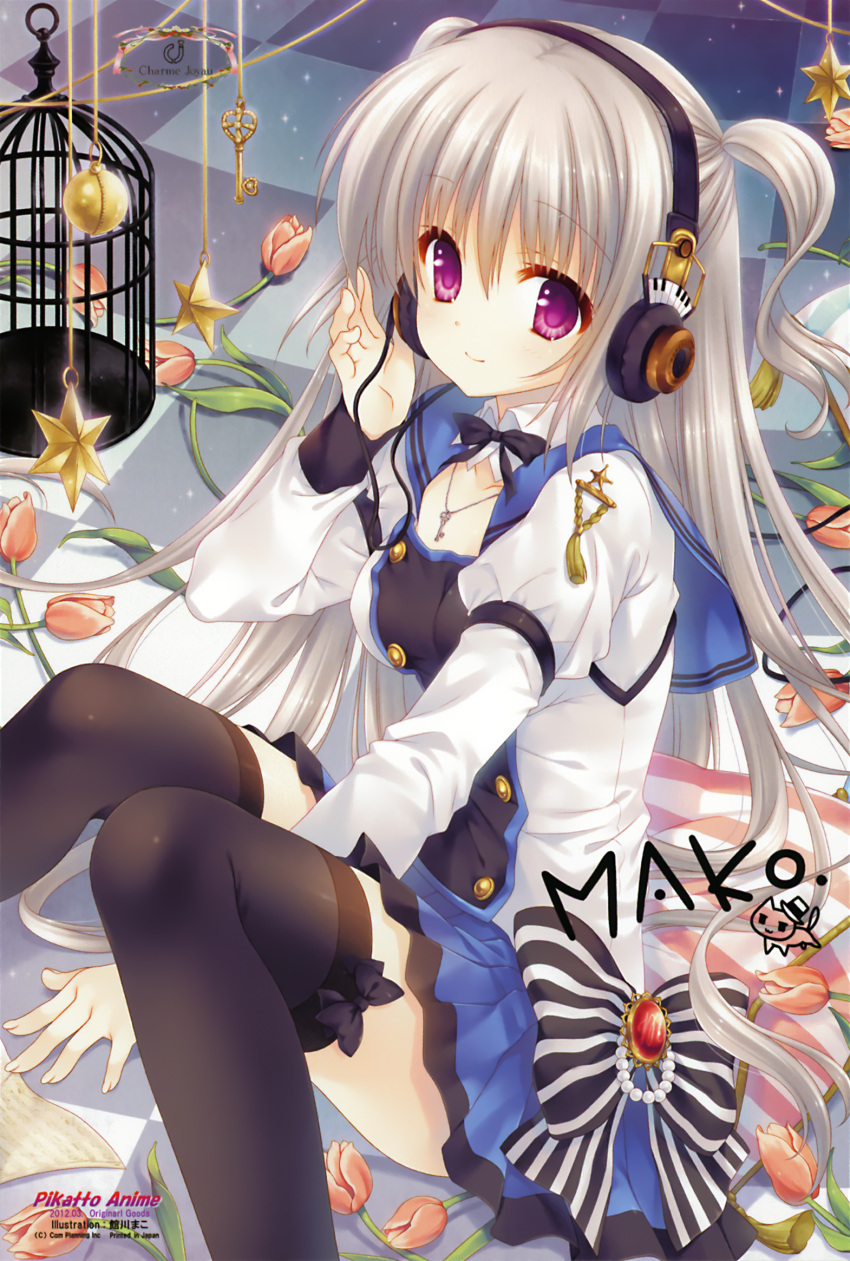 1girl absurdres birdcage cage checkered checkered_floor copyright_request flower grey_hair headphones headphones_around_neck highres key keychain knees_together_feet_apart purple_eyes sheet_music signature sitting star tatekawa_mako thigh-highs thighhighs two_side_up violet_eyes