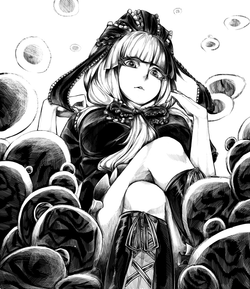 bangs blunt_bangs boots bow cross-laced_footwear crossed_legs frills from_below front_ponytail hair_bow highres kagiyama_hina knee_boots lace-up_boots legs_crossed long_hair monochrome regura ribbon sitting solo touhou
