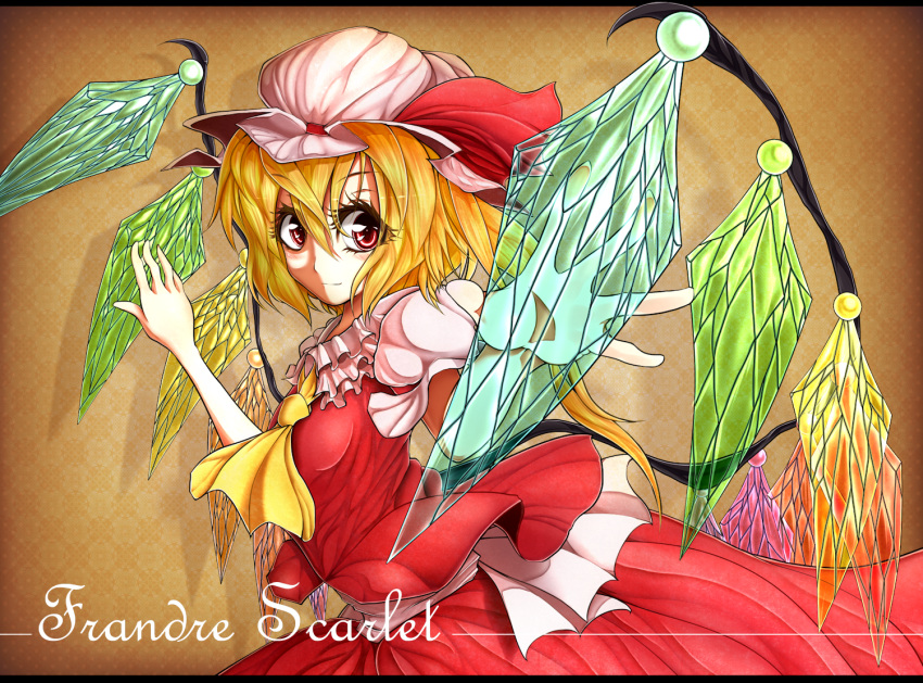 ascot brown_background bust character_name eyelashes flandre_scarlet hat hat_ribbon light_smile outstretched_hand red_eyes ribbon short_hair side_ponytail simple_background skirt skirt_set smile solo teko touhou wings