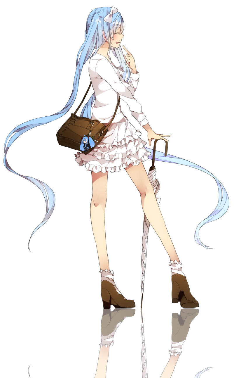 :p absurdres bag blue_hair closed_eyes eyes_closed hatsune_miku high_heels highres long_hair naruto_maki reflection shoes simple_background skirt solo tongue transparent_background twintails umbrella very_long_hair vocaloid white_background