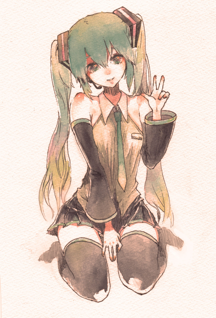 bangs bare_shoulders detached_sleeves hatsune_miku highres light_smile necktie renzokukougeki sitting solo thigh-highs thighhighs traditional_media twintails v vocaloid wariza watercolor_(medium) zettai_ryouiki