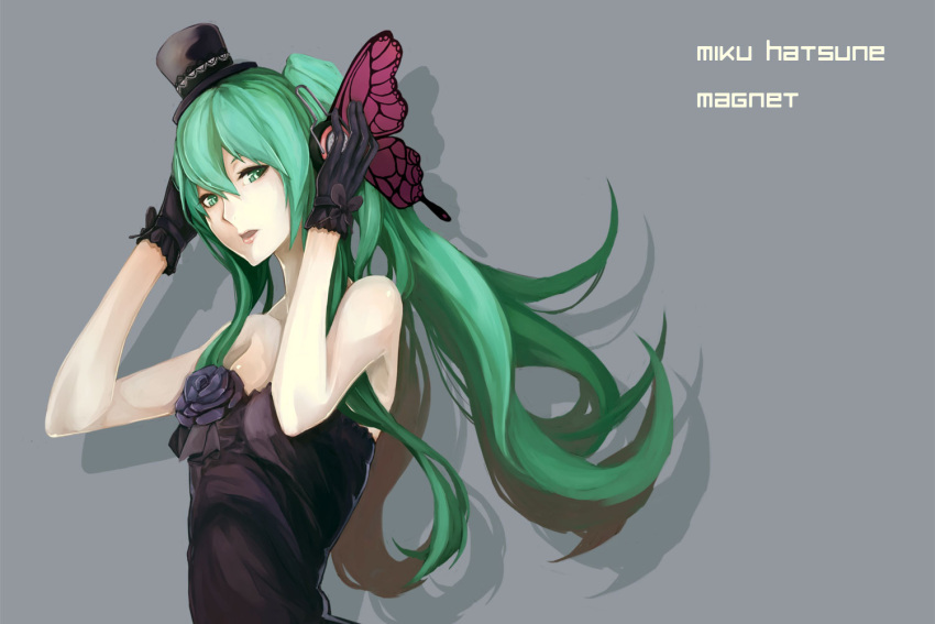 bust butterfly_wings dress flower green_eyes green_hair hands_on_headphones hat hatsune_miku headphones magnet_(vocaloid) rose simple_background twintails vocaloid wings yucca-612