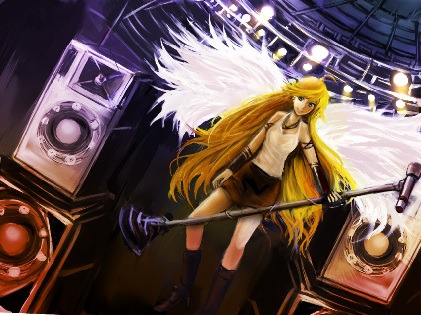 ahoge armlet bare_shoulders blonde_hair blue_eyes boots breasts cleavage dutch_angle jewelry kisshots long_hair microphone_stand necklace panty_&amp;_stocking_with_garterbelt panty_(psg) skirt solo speaker stage stage_lights tank_top vambraces very_long_hair wings