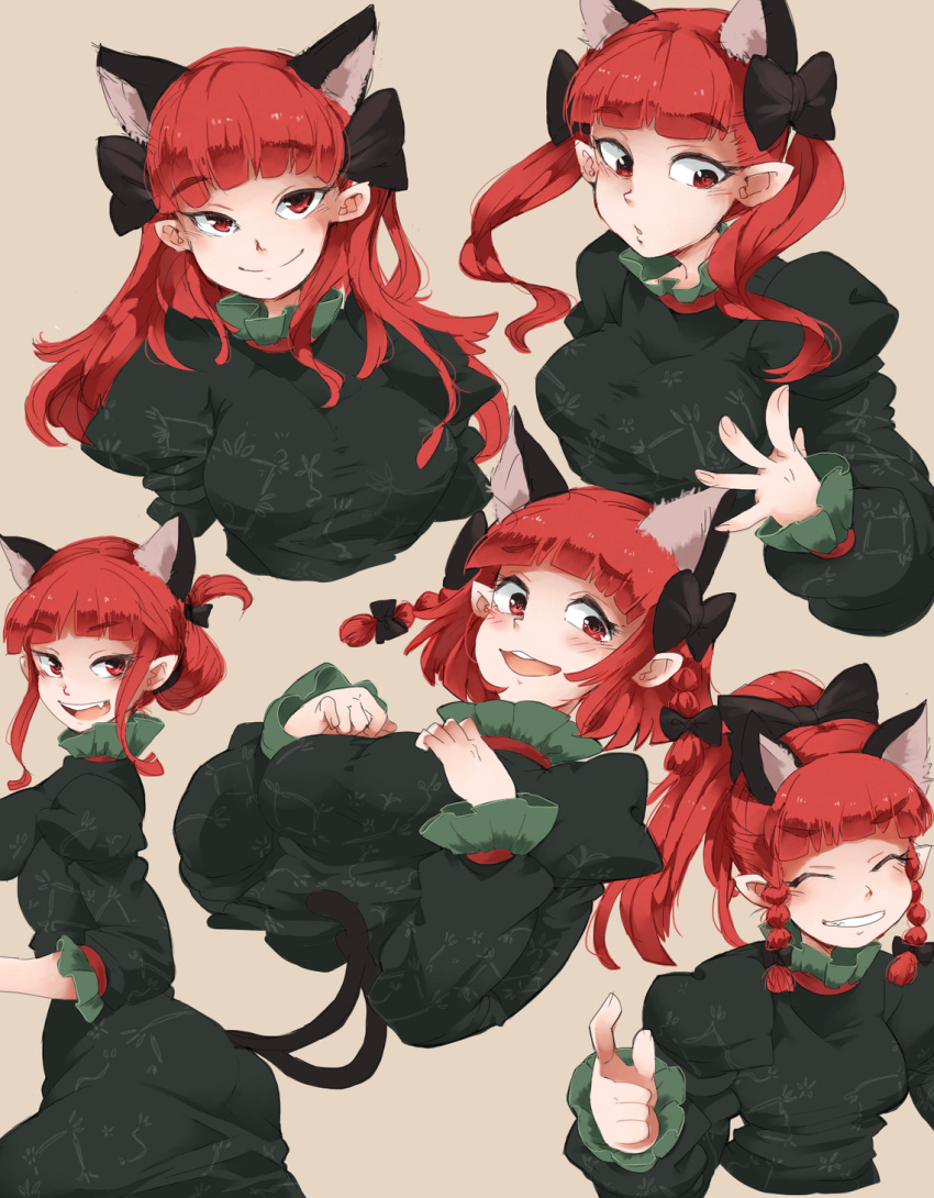 alternate_hairstyle animal_ears bangs blush bow braid breasts cat_ears cat_tail closed_eyes dress extra_ears eyes_closed fang floral_print green_dress grin hair_bow hair_ribbon highres iroyopon kaenbyou_rin long_hair multiple_tails open_mouth pointy_ears ponytail red_eyes ribbon smile solo tail touhou twin_braids twintails