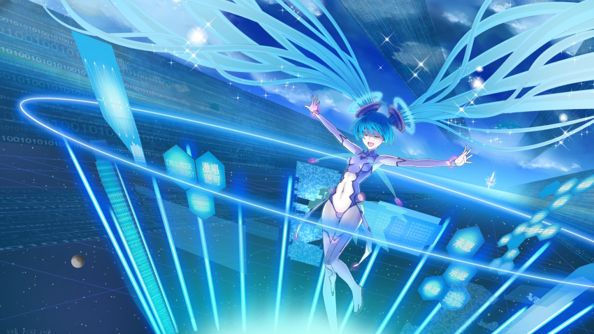 absurdly_long_hair aqua_hair bad_id binary blue boots closed_eyes detached_sleeves eyes_closed floating_hair hatsune_miku highres long_hair navel open_mouth outstretched_arms signed solo spread_arms thigh-highs thigh_boots thighhighs twintails very_long_hair vocaloid