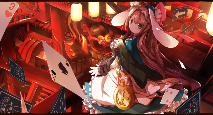 animal_ears blush brown_hair bunny_ears bunnygirl card chain chains gears gloves green_eyes hairband hat highres katame_(irritate) long_hair original playing_card rabbit_ears shackle solo stopwatch watch white_gloves