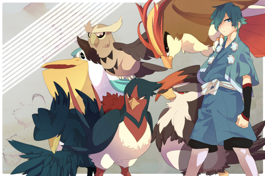 1boy belt bird blue_eyes blue_hair gym_leader hair_over_one_eye hat hayato_(pokemon) honchkrow japanese_clothes male menoco noctowl pelipper pidgeot pokemon pokemon_(creature) pokemon_(game) pokemon_hgss short_hair staraptor swellow