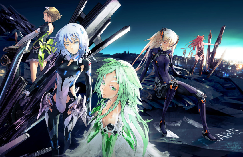 5girls bare_shoulders beatless blonde_hair blue_eyes blue_hair bodysuit brown_hair character_request cityscape eyebrows green_eyes green_hair highres huge_weapon kouka_(beatless) lacia leicia long_hair looking_at_viewer mariage multiple_girls red_hair redjuice saturnus short_hair smile snowdrop_(beatless) sword weapon