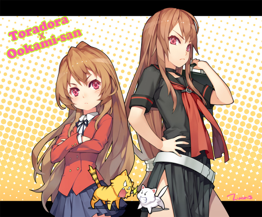 aisaka_taiga belt blush brown_hair crossed_arms crossover flat_chest long_hair looking_at_viewer lvans multiple_girls ookami-san ookami_ryouko palmtop_tiger red_eyes school_uniform skirt toradora! very_long_hair