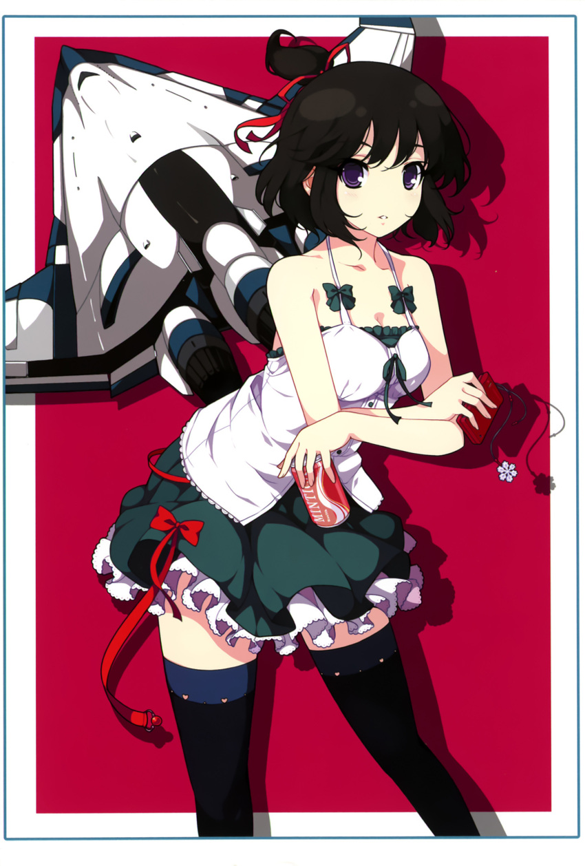 absurdres black_hair black_legwear blush border bow breasts can cellphone character_request cleavage hair_ribbon highres ideolo izawa_naomi kamisama_no_paradox looking_at_viewer original parted_lips phone ponytail purple_eyes ribbon short_hair simple_background skirt solo space_craft space_shuttle thigh-highs thighhighs violet_eyes zettai_ryouiki