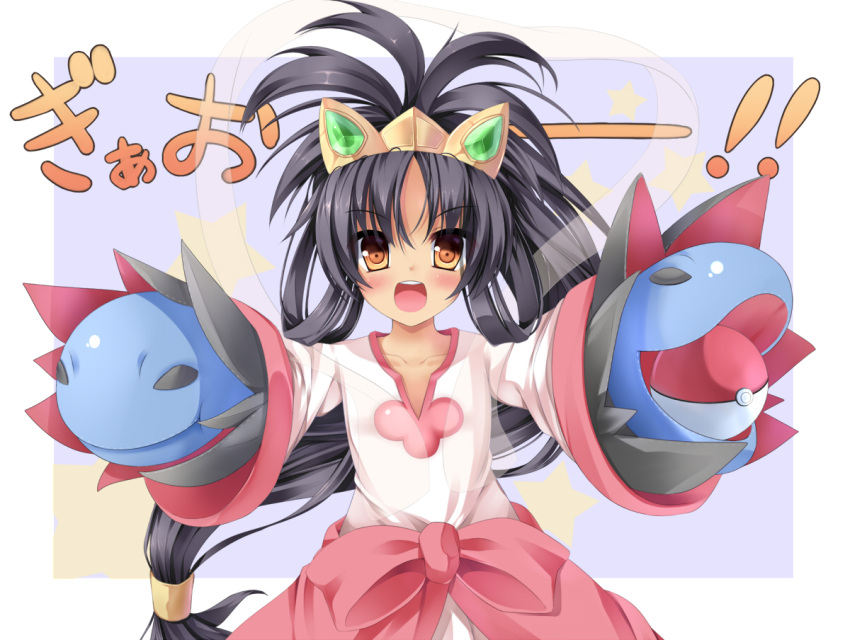 1girl black_hair bow brown_eyes commentary_request dark-skinned_female dark_skin fujieda_uzuki hand_puppet holding holding_poke_ball iris_(pokemon) long_hair open_mouth outstretched_arms poke_ball pokemon pokemon_(game) pokemon_bw2 puppet purple_hair solo spread_arms waist_bow