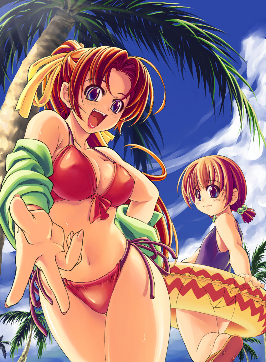absurdres age_difference ass beach bikini blue_eyes breasts brown_hair cleavage cloud clouds copyright_request flat_chest foreshortening front-tie_top highres looking_back multiple_girls navel one-piece_swimsuit open_mouth palm_tree ponytail sandals side-tie_bikini swimsuit tree xration