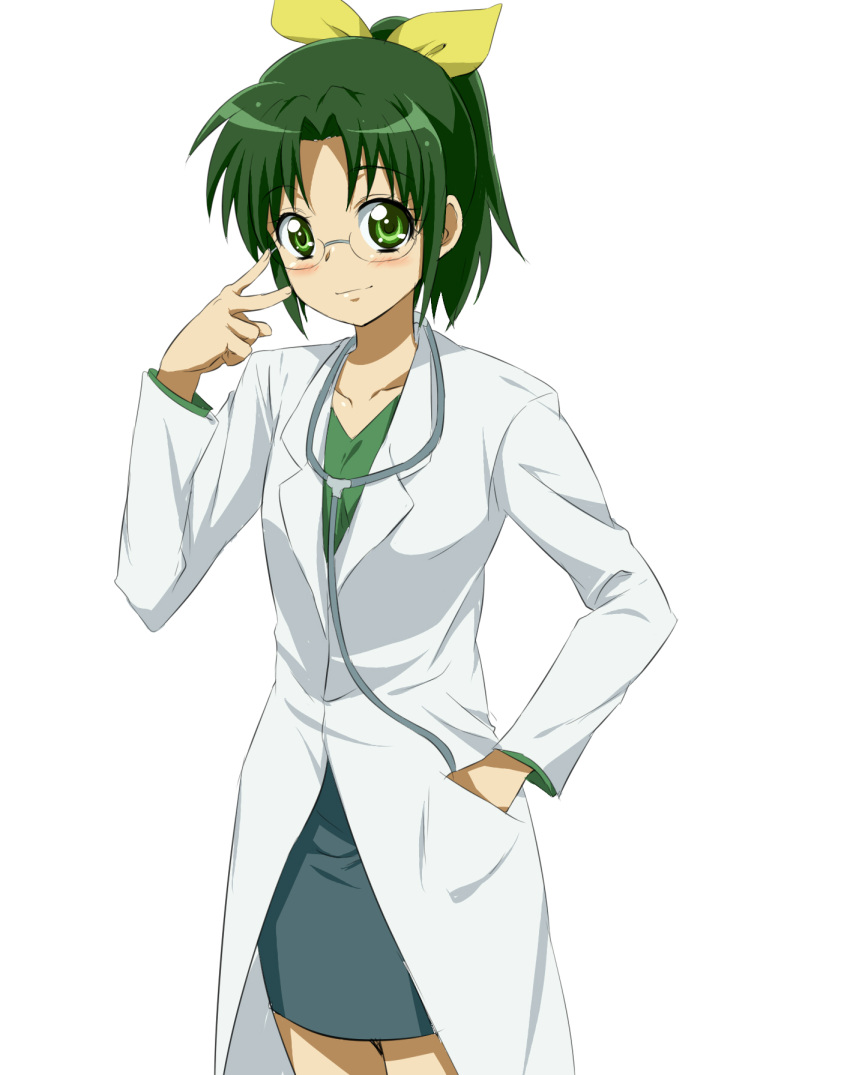 bespectacled blush doctor glasses green_eyes green_hair hand_in_pocket highres labcoat maruki_(punchiki) midorikawa_nao ponytail precure punchiki simple_background smile_precure! solo stethoscope white_background