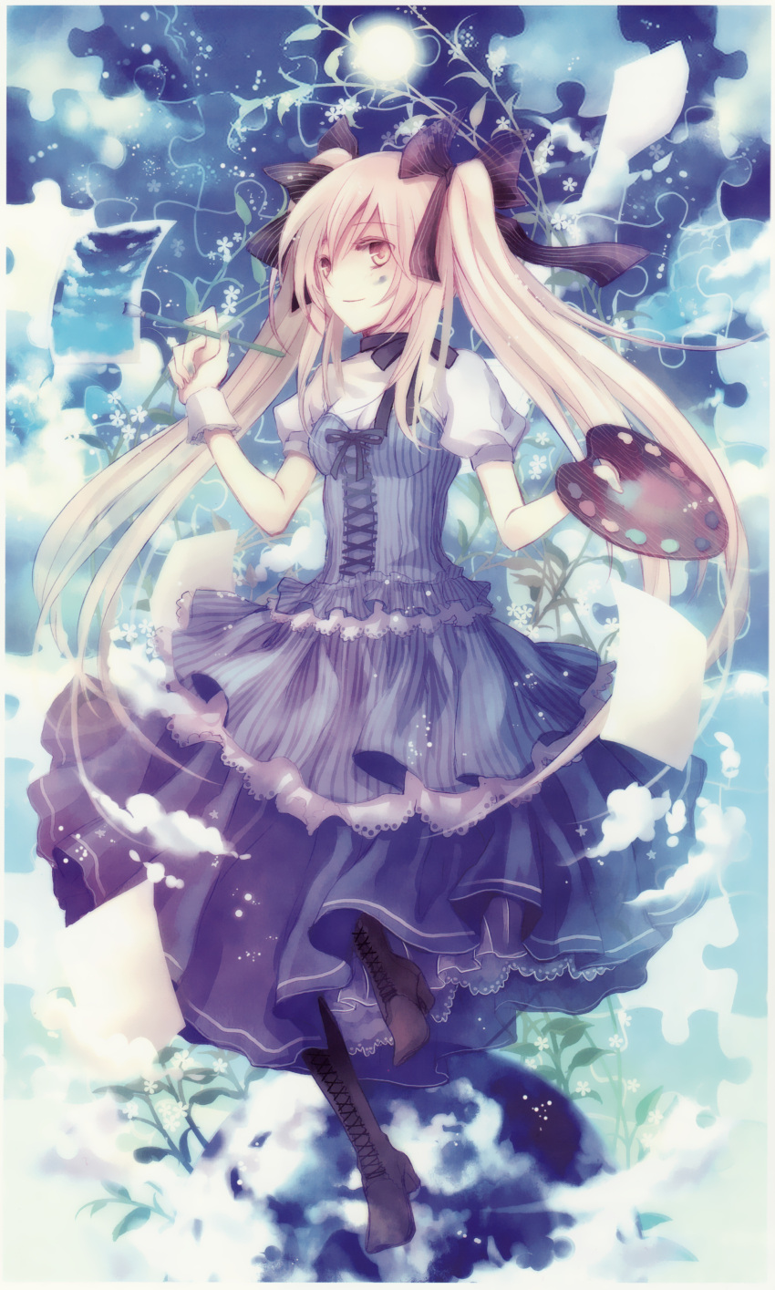 absurdres art_brush blonde_hair boots bow dress flower frills hair_bow highres long_hair nozomi_fuuten oekaki_musume original paintbrush palette puzzle solo twintails very_long_hair wrist_cuffs