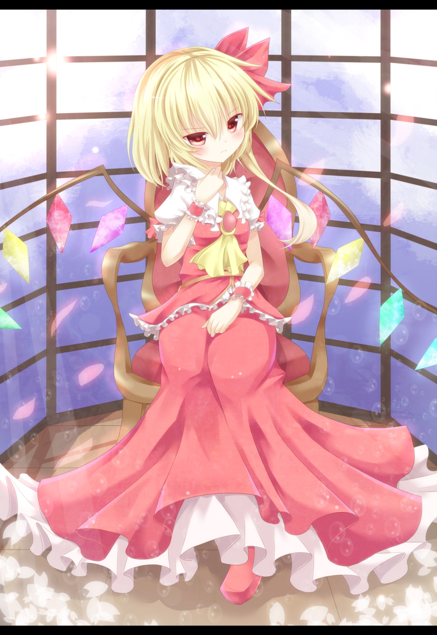 adapted_costume ascot blonde_hair blue_sky blush brooch chair cloud clouds flandre_scarlet frown hair_ribbon head_tilt highres jewelry light_particles looking_at_viewer no_hat no_headwear pen-zin puffy_sleeves red_eyes ribbon short_hair short_sleeves side_ponytail sitting skirt sky solo touhou vest window wings wrist_cuffs