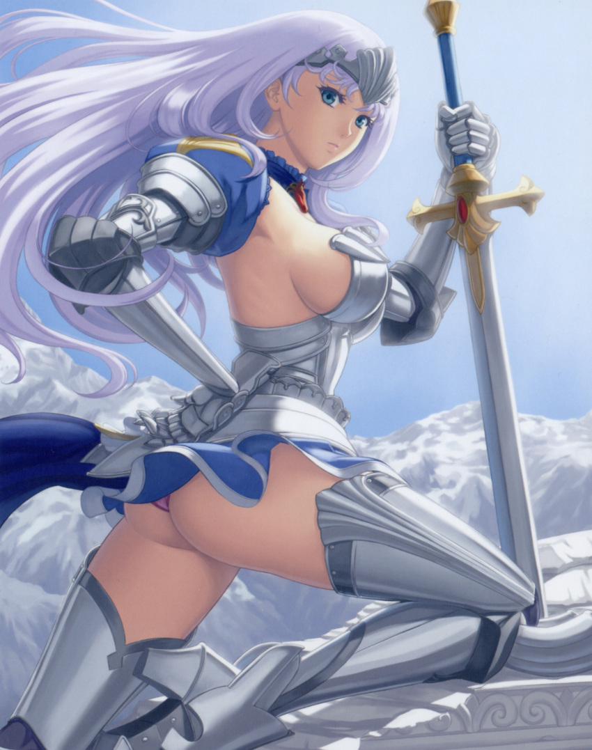 absurdres annelotte armor armored_dress ass blue_eyes boots breasts cover dvd_cover eiwa gauntlets greaves hand_on_hip high_heels highres hips large_breasts leg_up legs long_hair long_legs looking_at_viewer miniskirt outdoors panties pantyshot pink_panties purple_hair queen's_blade queen's_blade_rebellion queen's_blade queen's_blade_rebellion scan shoes sideboob skirt sky solo sword thigh-highs thigh_boots thighhighs thighs underwear upskirt weapon
