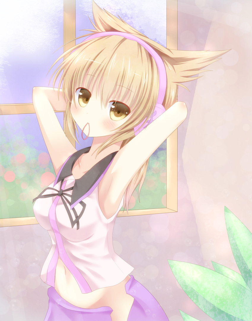 animal_ears armpits arms_up bad_id blonde_hair breasts headphones highres mouth_hold pen-zin skirt solo touhou toyosatomimi_no_miko window yellow_eyes