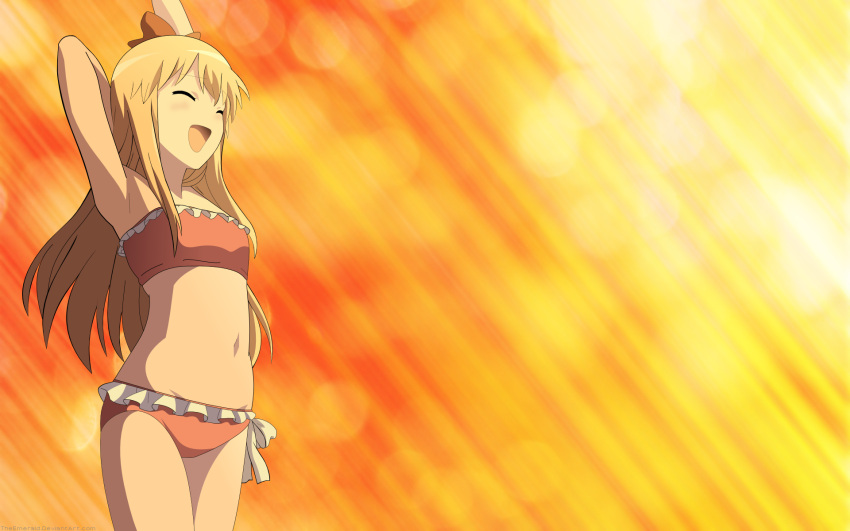 1920x1200 1girl arm_up armpits bare_shoulders bikini blonde_hair blush bow closed_eyes fixed frills hair_bow highres long_hair open_mouth smile solo stitched swimsuit swimsuit toshinou_kyouko vector vector_trace wallpaper yuru_yuri