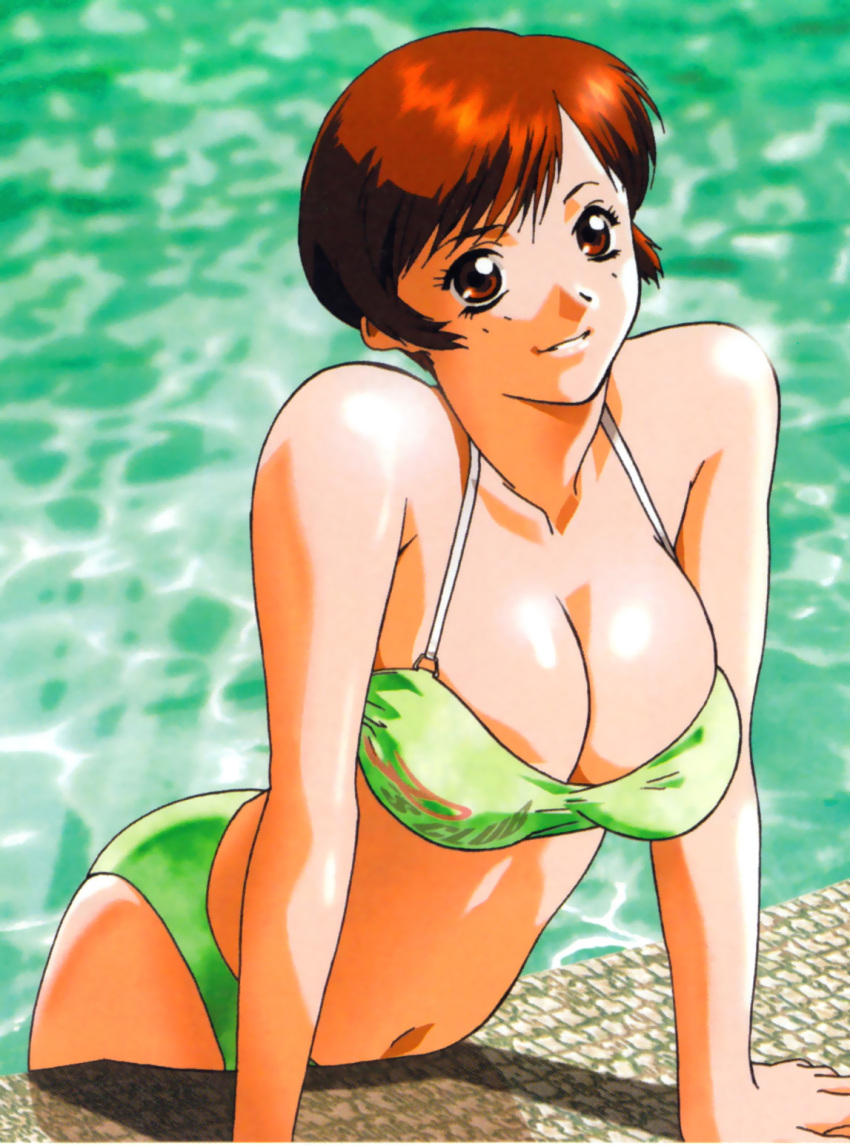 arm_support bikini breasts brown_eyes brown_hair cleavage highres large_breasts light_smile looking_at_viewer navel outdoors pool short_hair smile solo submerged super_real_mahjong swimsuit toyohara_etsuko water