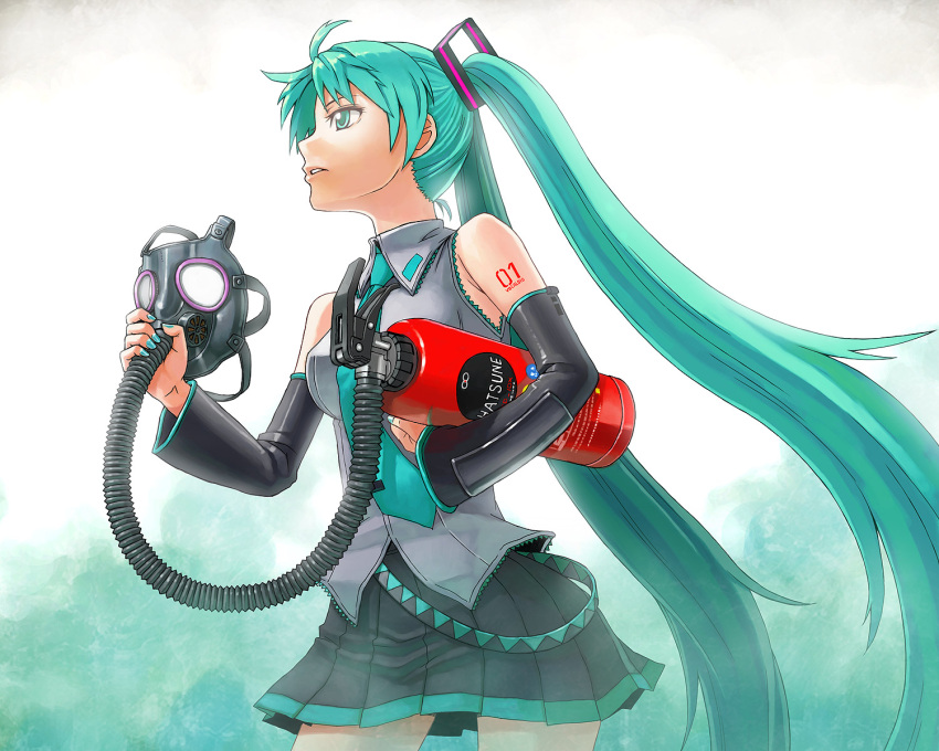aqua_eyes aqua_hair bare_shoulders detached_sleeves fire_extinguisher fire_hydrant gas_mask hair_ornament hatsune_miku highres holding itou_(onsoku_tassha) long_hair mask mask_removed nail_polish necktie pleated_skirt simple_background skirt solo strap tank_(container) tattoo tube twintails very_long_hair vocaloid